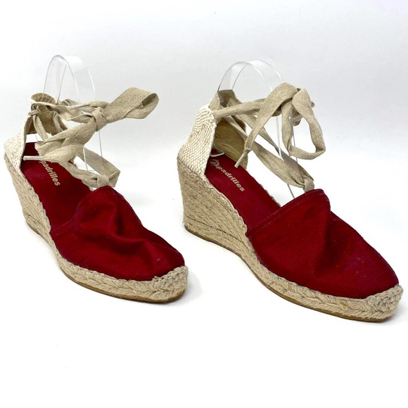 2 Espadrilles Shoes - 2 ESPADRILLES Red Strappy Lace Up Espadrille Wedge Heels Made in Spain
